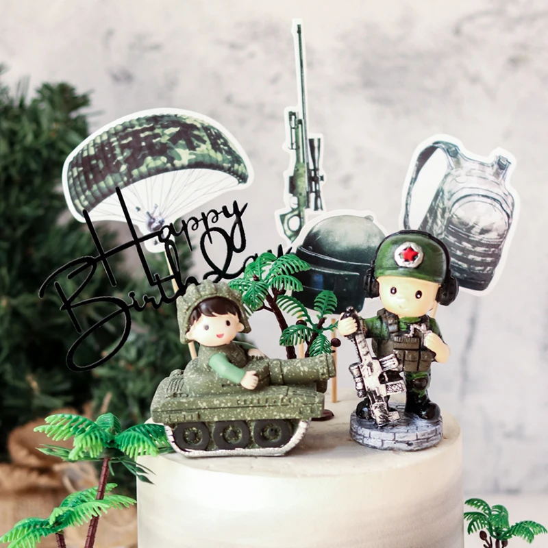 Camouflage Tank Soldiers Boys Girls Cake Decoration Game Theme Cake Toppers Birthday Party Table Dress Up Kids Baking