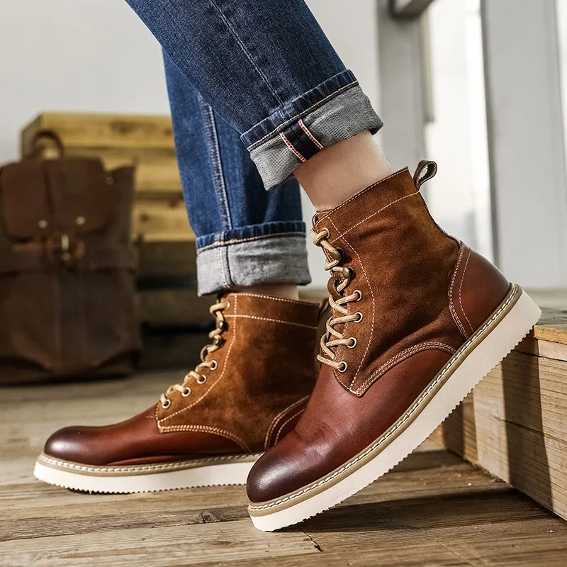 Autumn Winter Ankle Boots Men Genuine Leather Platform Boots Punk Short Boots Gentlemen Shoes