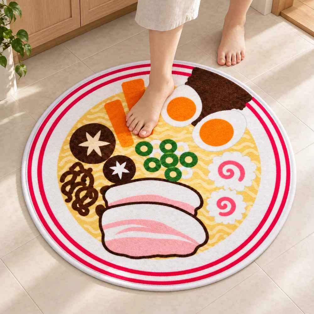 Japanese Ramen Bowl Shaped Flannel Rug, Creative Irregular Floor Mat for Kitchen Bedroom Living Room Entryway Home Decor Gift