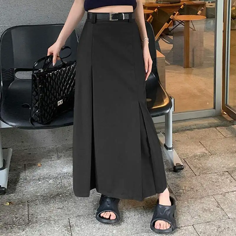 

EINY 2025 Summer Women Elegant Hip Wrap Long Skirts Fashion High Waist Korean Jupes Casual Pleats Maxi Skirt Solid Faldas A-line