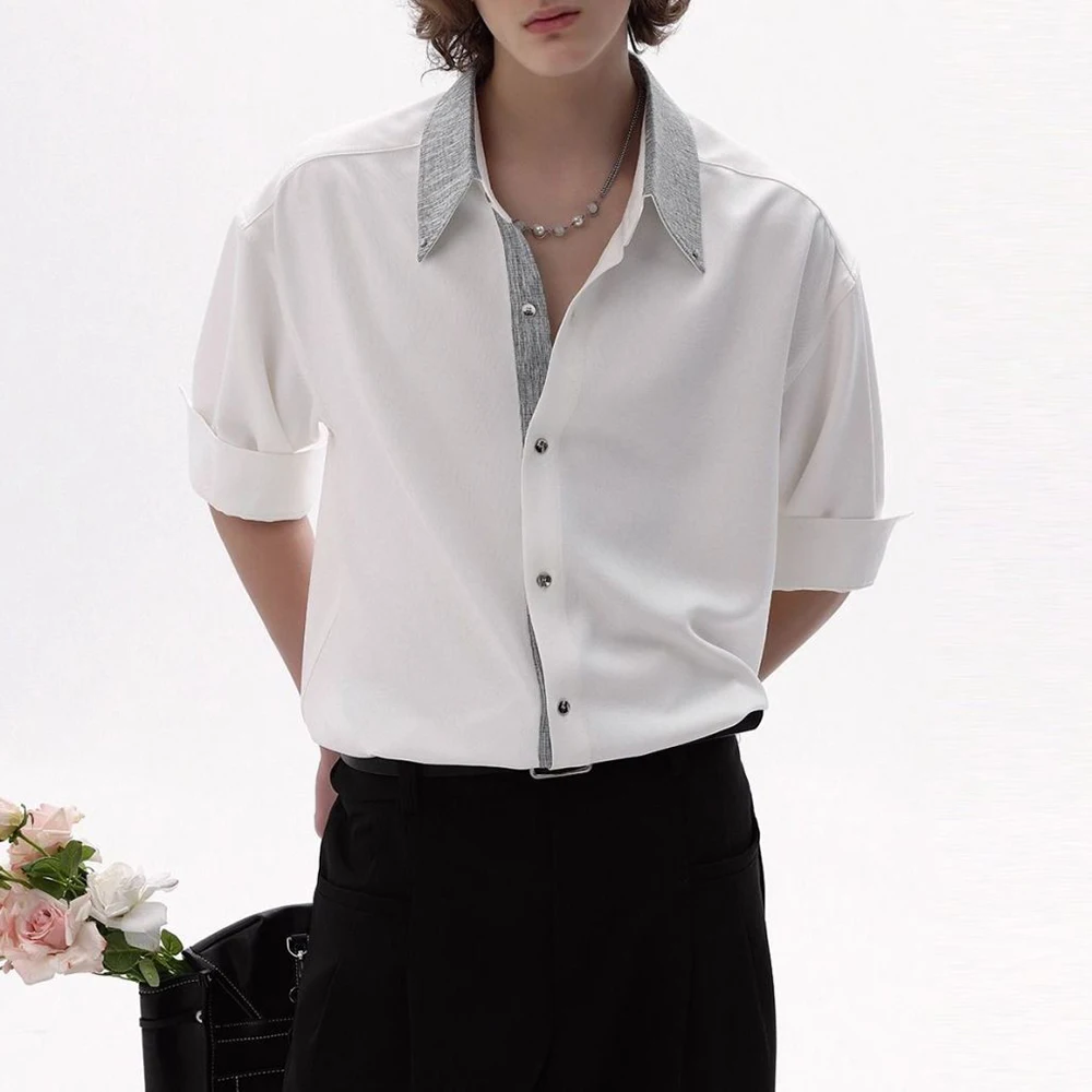 

Summer New Men's Color Matching Short-Sleeved Shirt American Retro Fashion Trend Street Casual Loose Breathable Niche Men's Tops