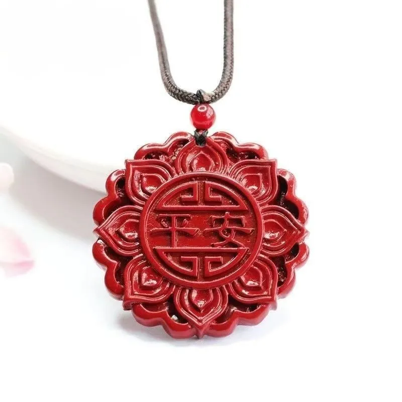 Cinnabar Eight Treasures Lotus Ping An Brand Pendant Men's and Women's Same Necklace Jewelry