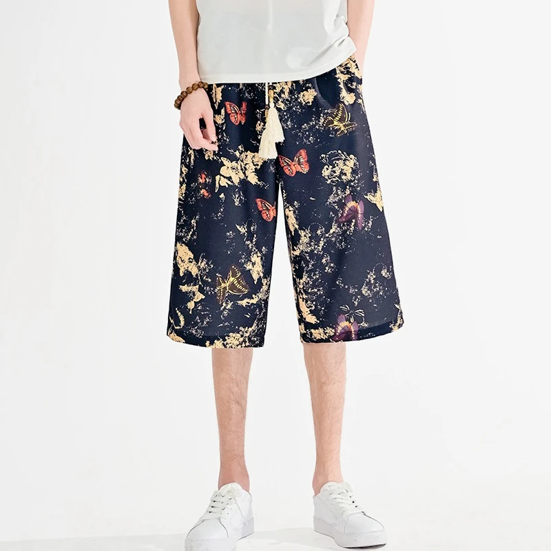 2026 Summer New Arrival Chinese Style Men's Casual Seven Points Shorts Drawstring Thin Ethnic Print Loose Beach Shorts