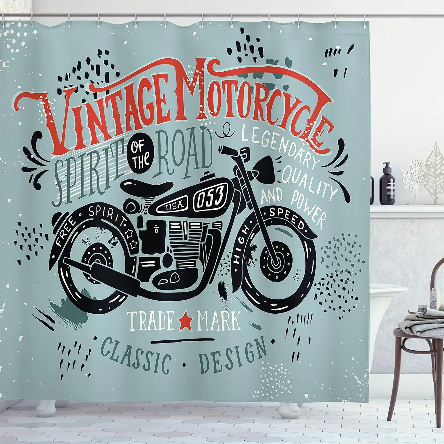 

Vintage Motorcycle Shower Curtain Classic Bike Design Retro Art Linen180x210