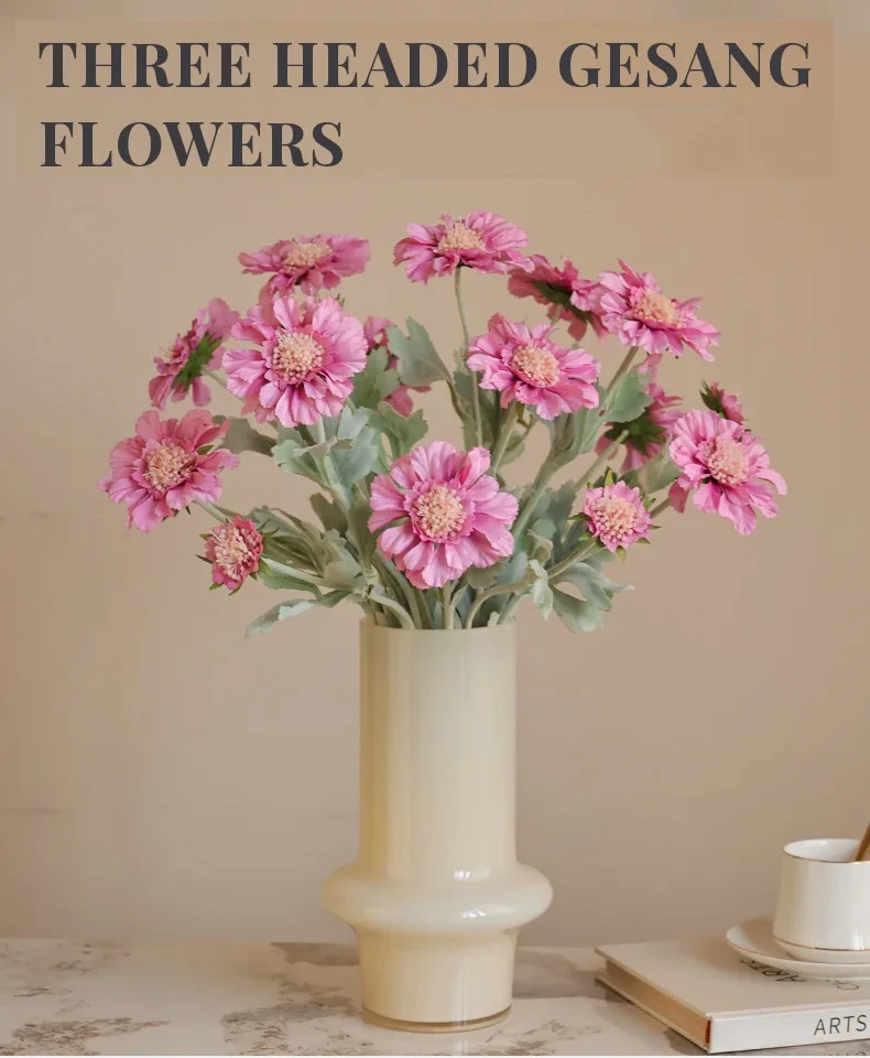 5-teiliges Set Künstliche 3-köpfige beflockte Gesang-Blumen Luxuriöse Heimdekoration Seidenblumen Hochzeitsstrauß Arrangement Ornamente Party-Blumen – Detail 1