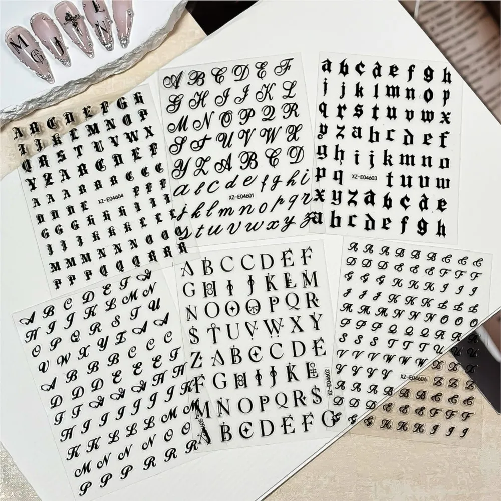 6pcs Black Gothic Alphabet Nail Stickers Vintage English Letter Nail Decals Cursive Script Capital Lowercase Letters Nail Decor