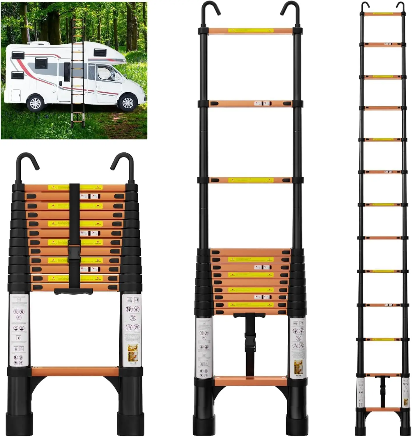 12.5FT Telescoping Ladder, Aluminum with Hooks, Collapsible, 330lbs Capacity, Folding Extension Ladder for Home, RV, Roo