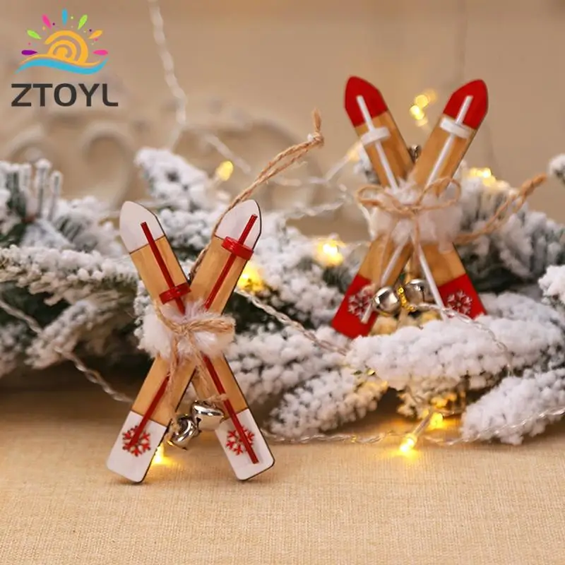 Christmas Hanging Pendant  Mini Wooden Sleigh Gift Box Model Ski Board Miniture DIY Christmas For 1/12 Doll House Accessories