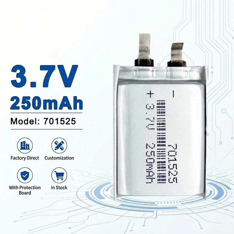 

Литий-ионный полимерный аккумулятор 701525 3.7V 250mAh, перезаряжаемая LiPo-ячейка для электронных устройств (702535, 751524, 751525, 801350, 801426)