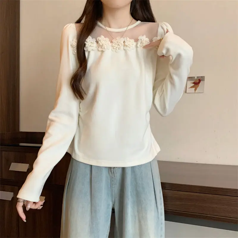 Spring Autumn Round Neck Long Sleeve Fashion Blouse Women High Street Casual Solid Color Lace Patchwork Pullovers Elegant Tops