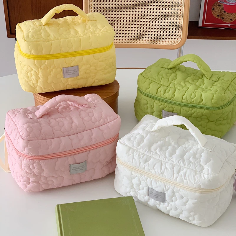 Bolsa de maquillaje de algodón acolchado, bolsa de cosméticos de viaje para mujer, bolsa de lujo para mujer, paquete de lápiz labial, bolsa de aseo portátil para almacenamiento de cosméticos