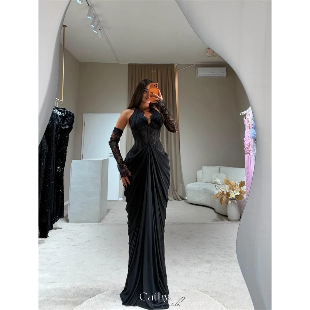 

Cathy Customized Black Halter Neck Lace Prom Dress Layered Pleats Mermaid vestidos de noiva Floor-length Formal Evening 2025