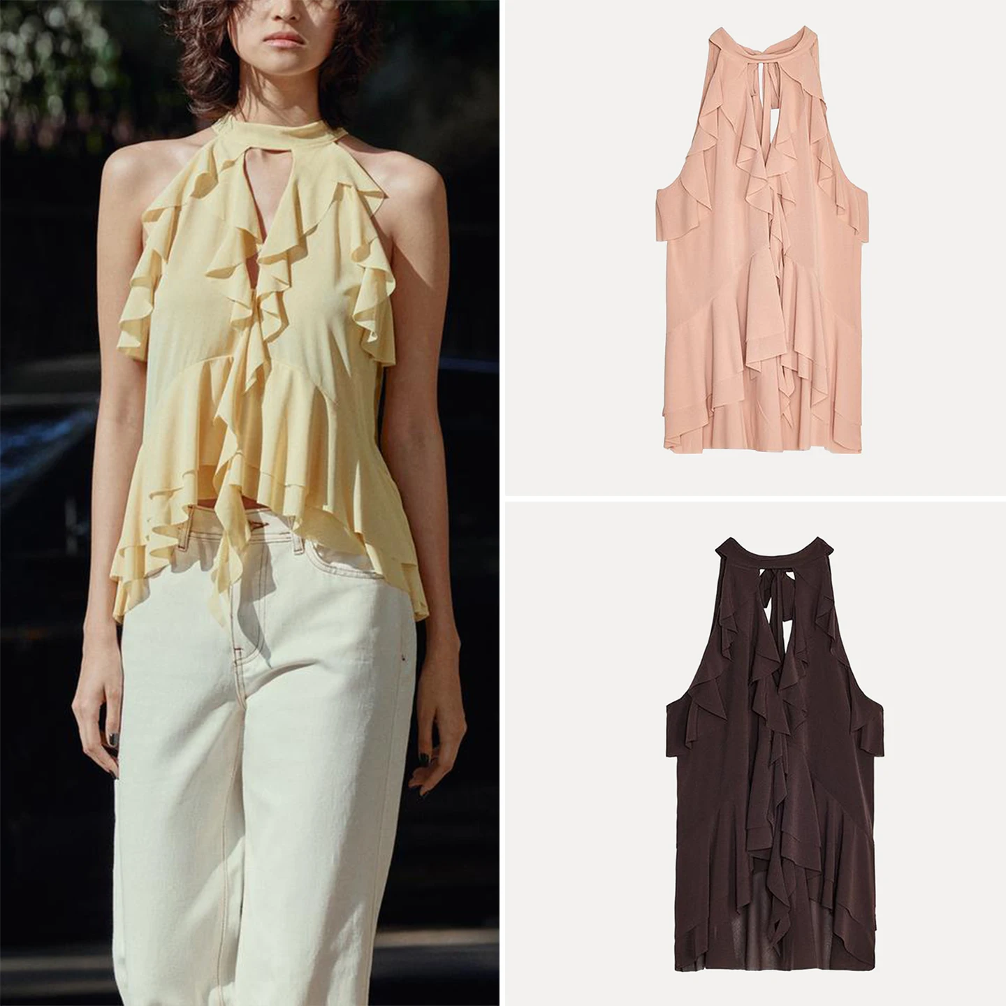 Z Top da donna con colletto decorativo a strati versatile e versatile, colore estivo, vestibilità ampia in fibra di poliestere 2025