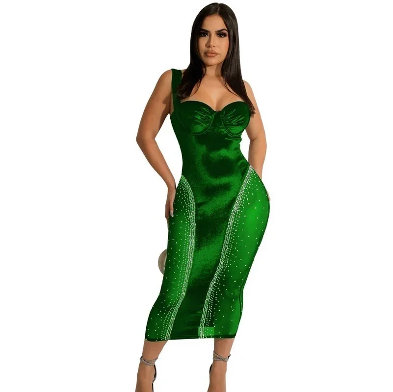 KEXU Diamonds Sheer Mesh Velvet Patchwork Elegant Bandage Women Dress Sexy Sweatheart Spaghetti Straps Bodycon Party Clubwear