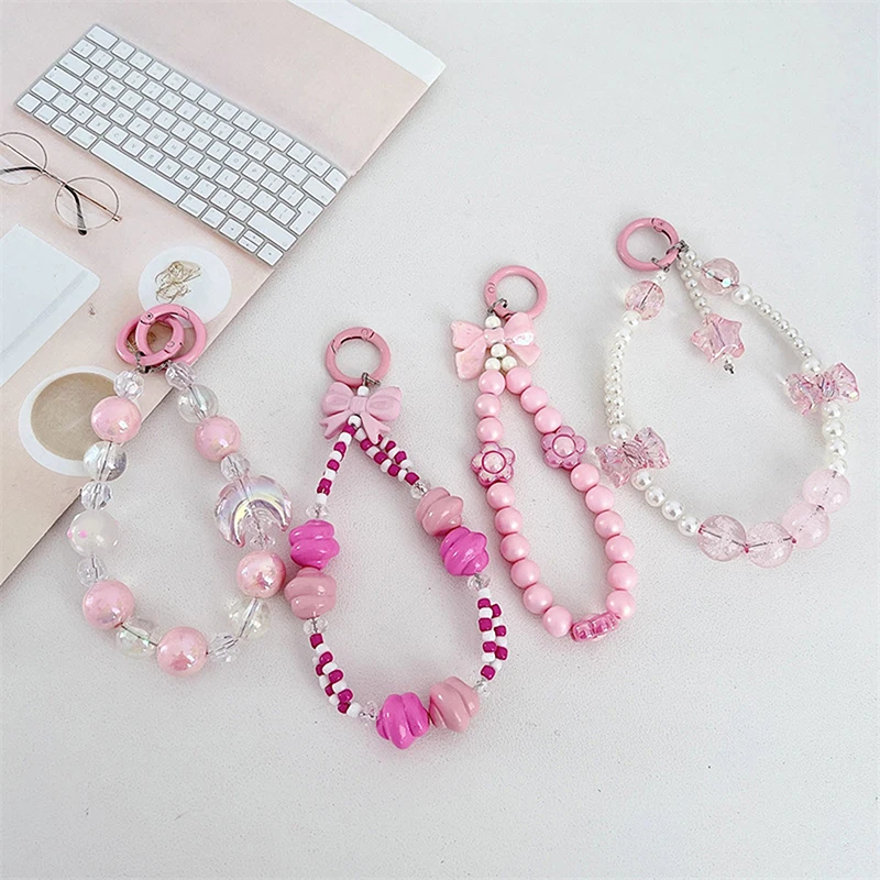 Ins Wind Sweet Pink Crystal Bow Pearl Phone Chain Phone Lanyard Trendy Pendant For Universal Phone Accessories Hanging Rope