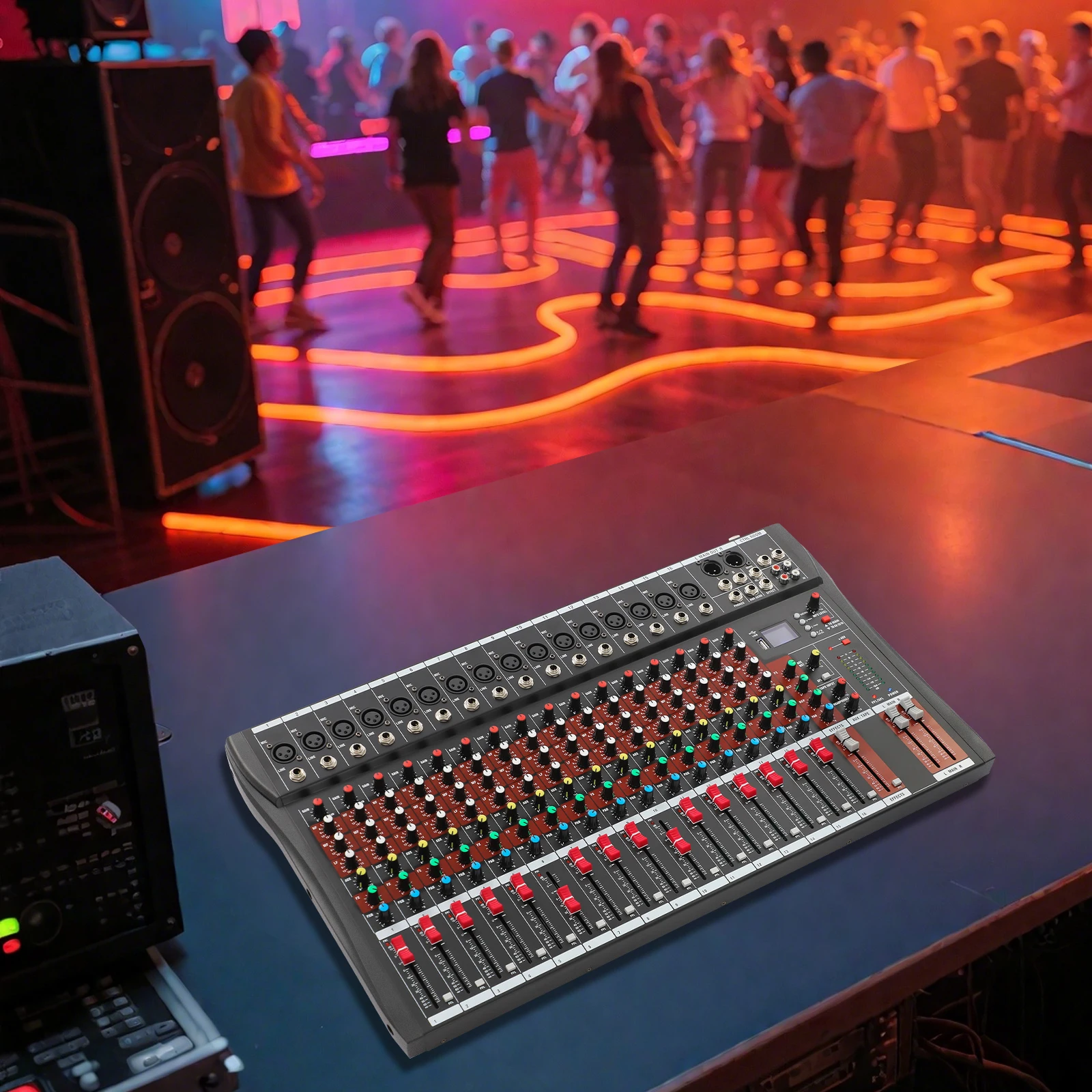 

Черный 16-канальный аудиомикшер (металлический материал) — износостойкий/ржавеющий и антивозрастной, частотный отклик 20–30 кГц и фантомная мощность 48 В