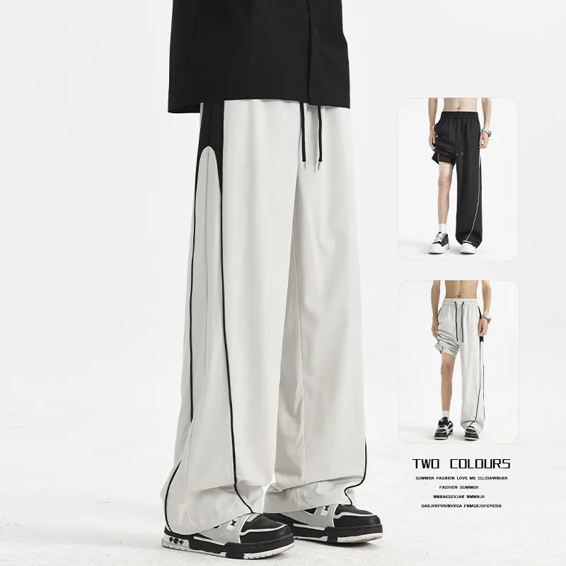 Men's Ice Silk Patchwork Pants Casual Straight Leg Sweatpants Man Splicing Cargo Pants Streetwear Trousers