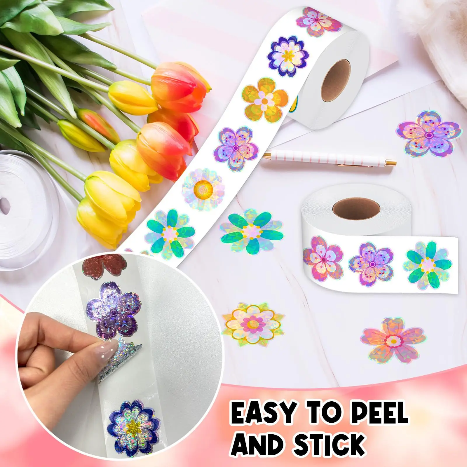 500pcs 1" Laser Flower Sticker Roll Cute Flower Shape Sealing Sticker Color Waterproof Self-adhesive Sticker Gift Packaging Stic