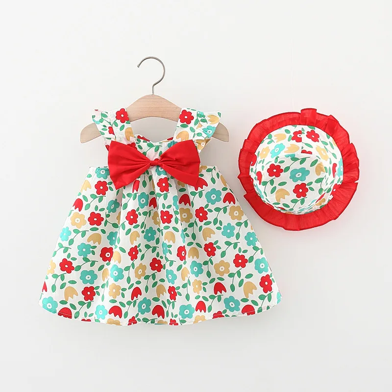 Robes d'été 2 pièces pour bébé fille, vêtements coréens, nœud mignon, fleurs en fibre, rose, robe de luxe + chapeau de soleil, ensemble de vêtements pour nouveau-né BC2180