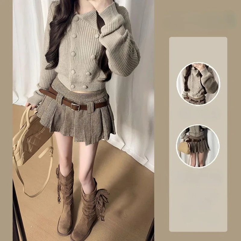 Outono winrer doce quente menina 2 peça conjunto feminino casual curto malha cardigan + y2k xadrez mini saia elegante moda saia ternos novo