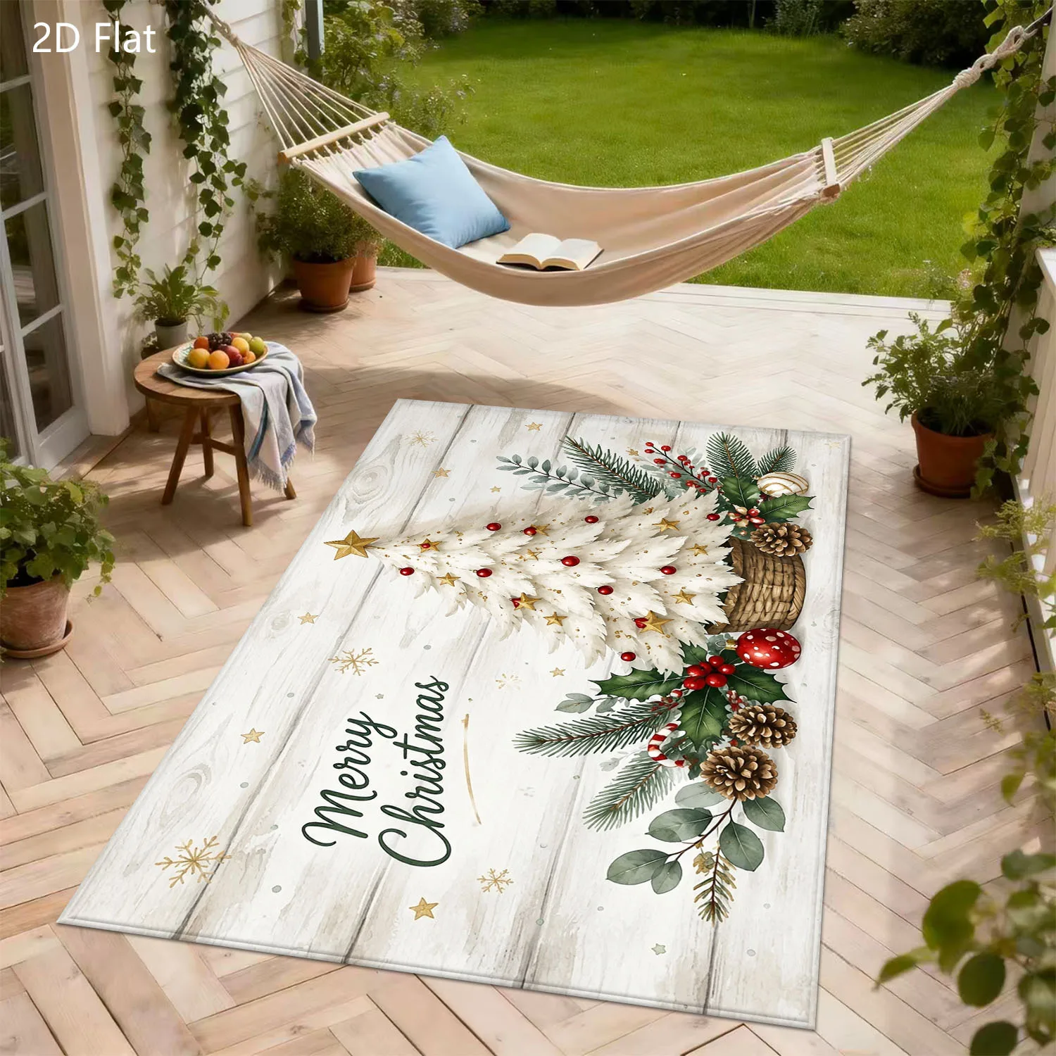 1pc 2D Flat Merry Christmas White X‑mas Tree Pine Cone Holly Printed Floor Mat, Decorative Rug for Living Room, Bedroom