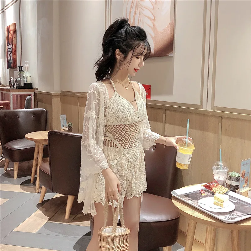 Seaside Three-Piece Women's Vest Large Size Mid-Sleeve Korean Style Ultrathin Coat Lace Sun Protection Cardigan