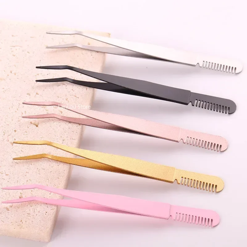 Eyelash Tweezers Stainless Steel Eyelash Extension Tweezer with Comb False Lash Application Tool for Girls Women Beginner Makeup
