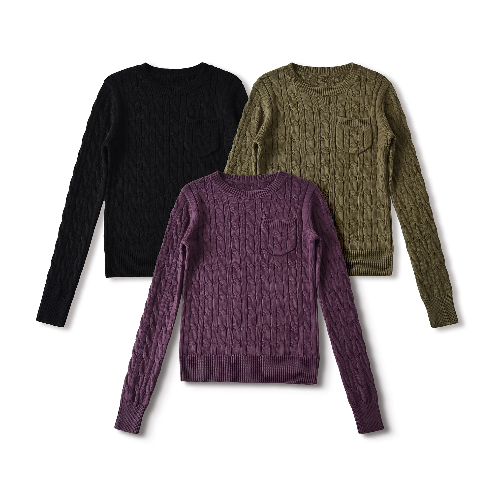 Nueva moda, suéter de punto trenzado con cuello redondo para mujer, jersey de manga larga con un bolsillo, prendas de punto de otoño, color morado, verde militar