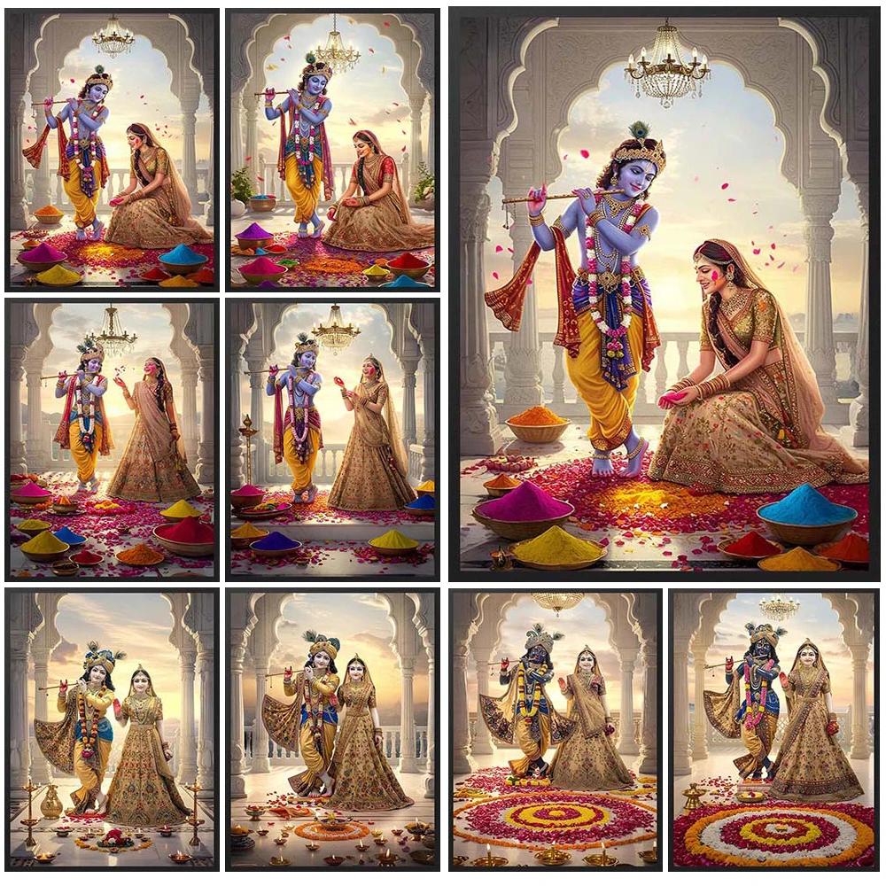

Krishna dances with cowherds Vishnu Hinduism God Poster Wall Pictures For Church Room Decor Wall Art Canvas Painting Unframed
