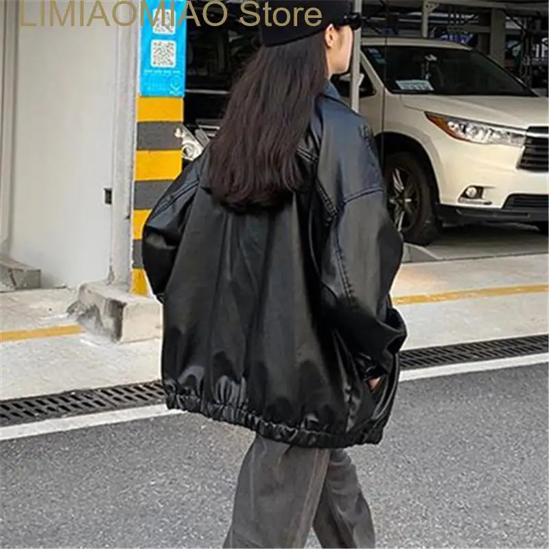 New Coat Female Spring and Autumn Solid Color PU Leather Jacket Lapel Zipper Pocket Loose Short Top Fashion Women Clothing