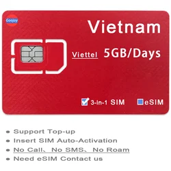 Tarjeta Sim prepago Viettel de Vietnam, eSIM de Vietnam, vietel eSIM para Nha Trang Da Nang Phu Quoc Island, tarjeta Sim de datos, 5GB por día