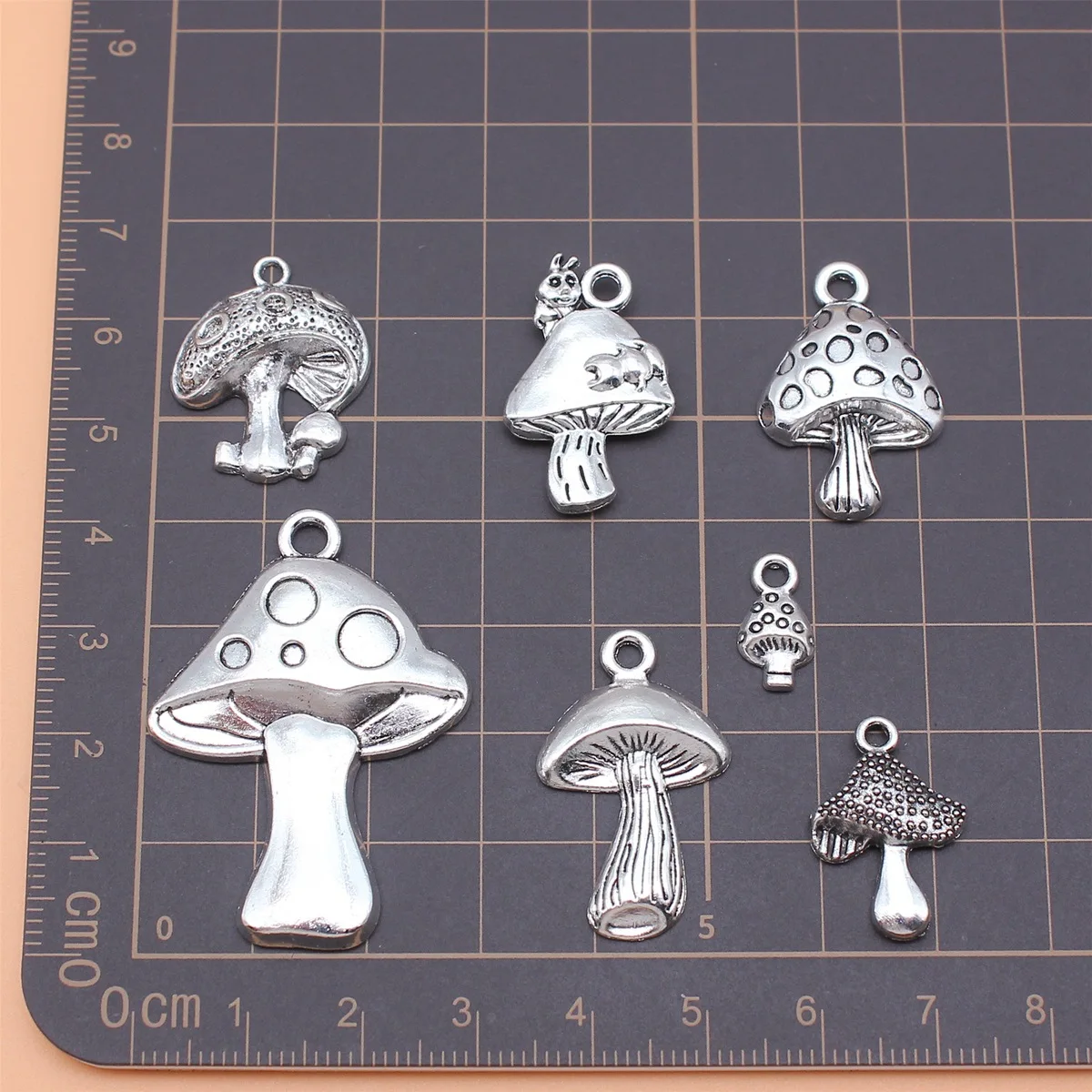 7pcs Antique Silver Color Mushroom Charms Collection For DIY Jewelry Making, 7 Styles, 1 of Each