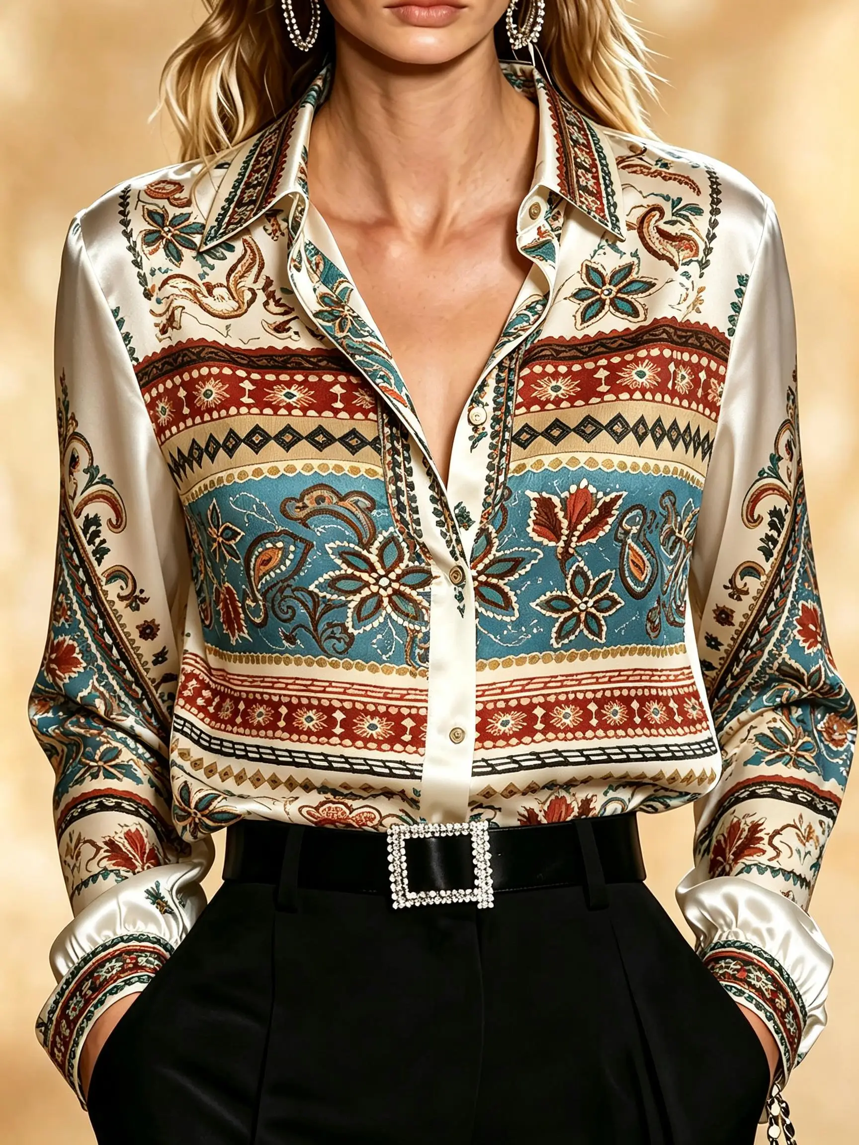 Women Long Sleeve Button‑Up Shirt Vintage Boho Floral Skull Paisley Print Turn‑Down Collar Satin Blouse Tops view 4