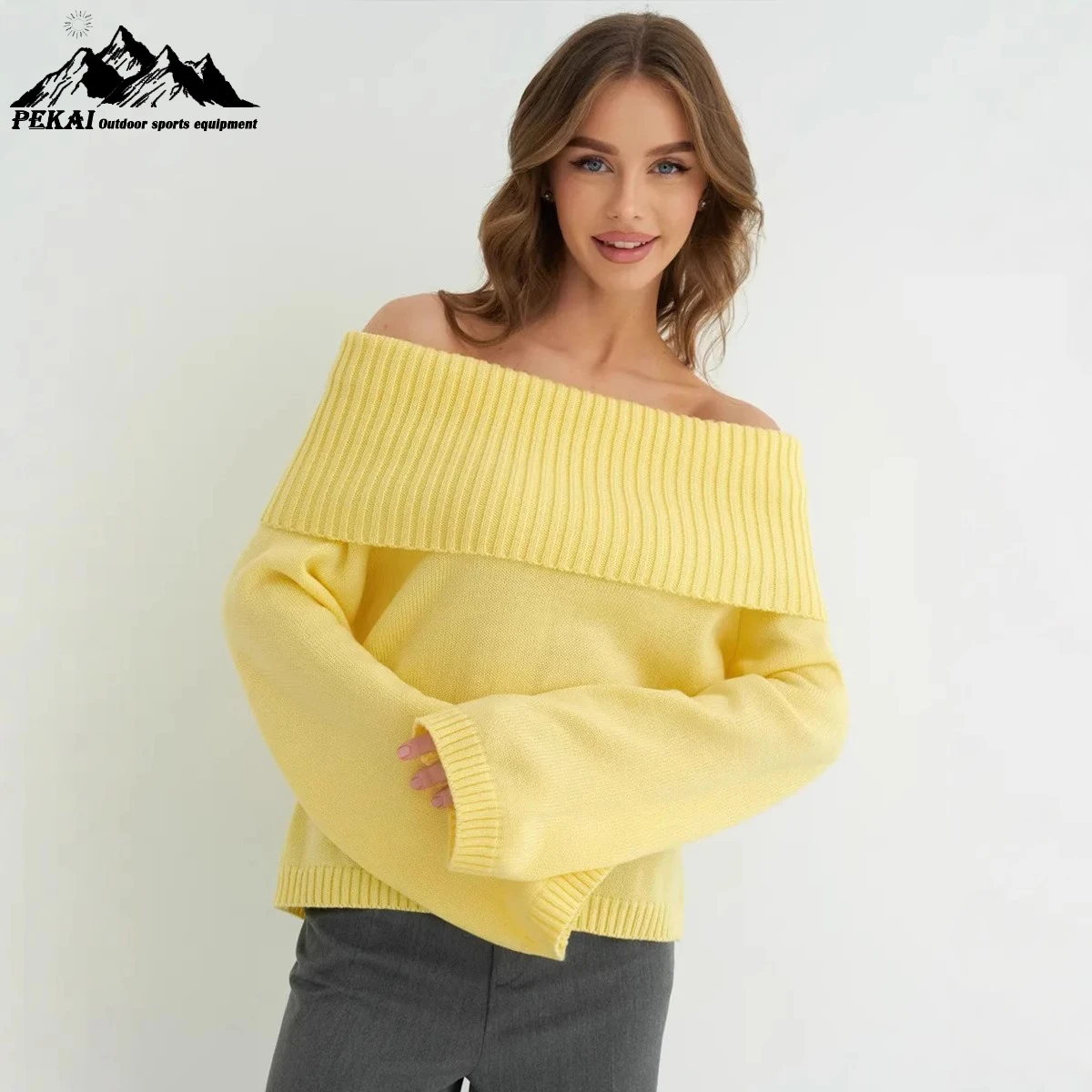 

Solid Color One Neck Knitted Sweater European American Winter New Style Off Shoulder Long Sleeved Sweater Loose Slimming Sweater