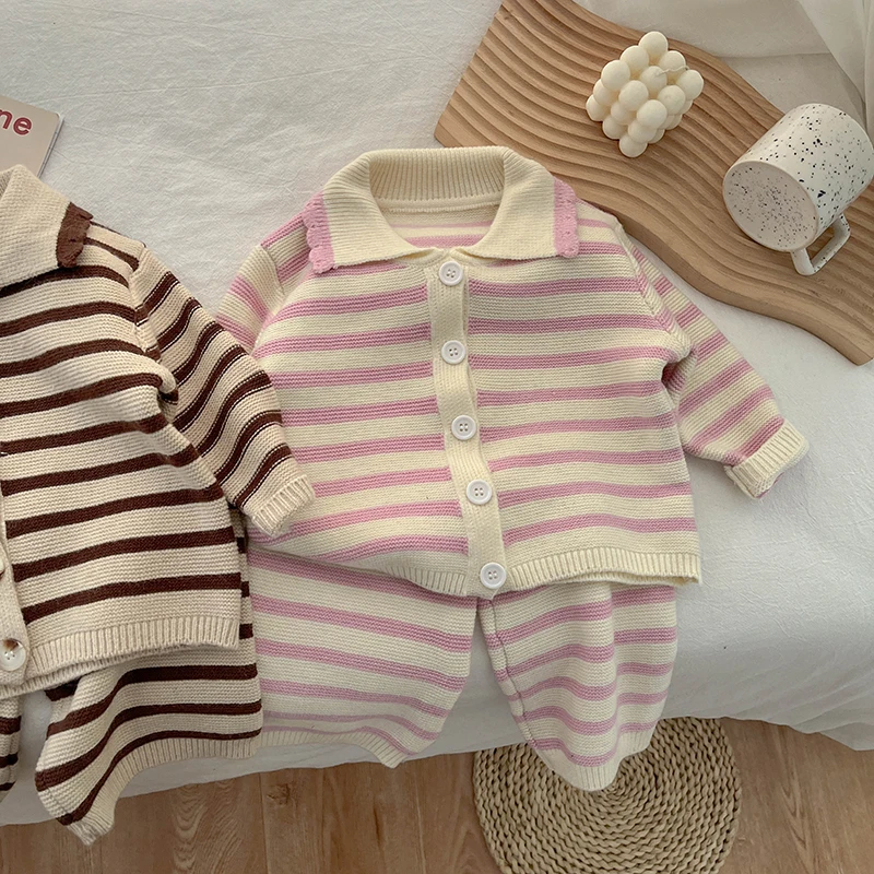 Spring And Autumn Baby Striped Shirt Pants Two Piece Boys And Girls Fashion Knitted Children\'s Leisure Suit Soft Baby Clothes