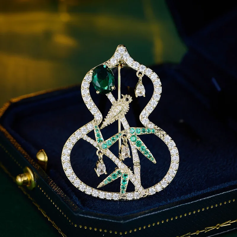 New Chinese Style Gourd Bamboo Leaf Magpie High-end Brooch for Women Exquisite Coat Accessory Suit Elegant Light Luxury Brooch