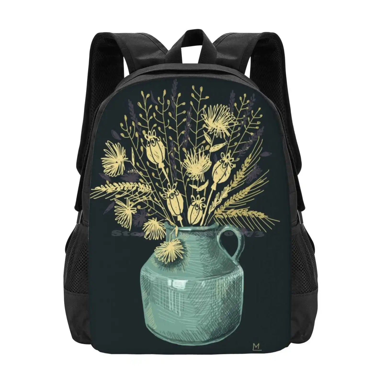 Still Life Large Capacity School Backpack Laptop Bags Vase Dryflowers Stillife Poppies Wheat Nature Beauty