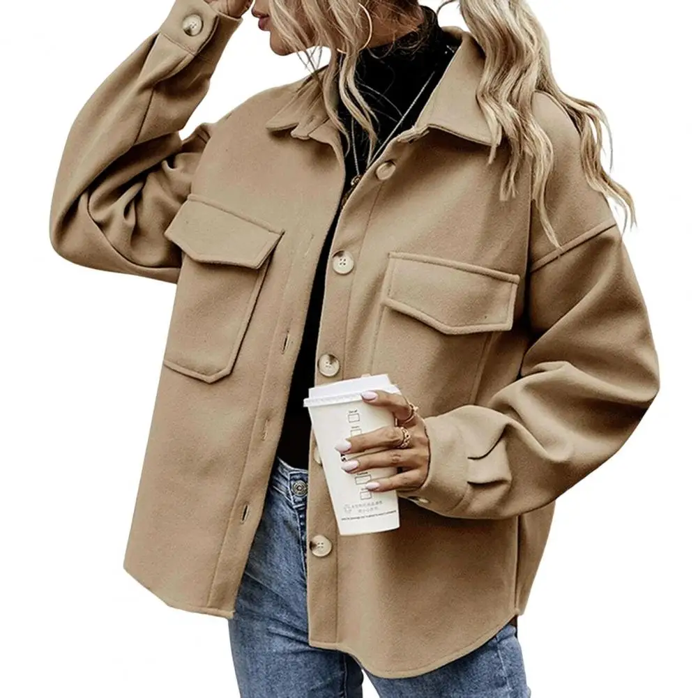 

Fall Winter Women Jacket Single-breasted Button-down Thickened Cardigan Loose Long Sleeves Turn-down Collar Chest Pockets Outwea