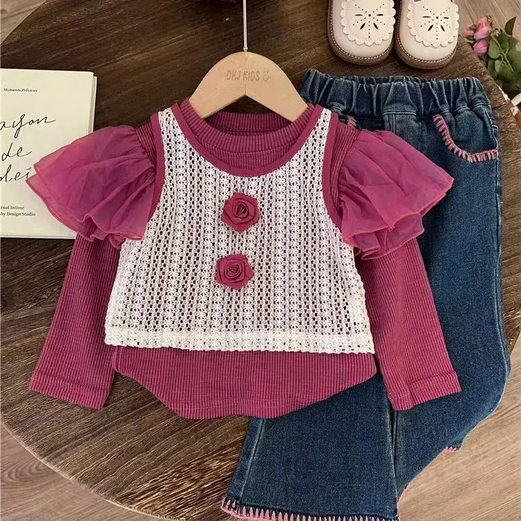 

2024 Spring And Autumn New Girl Cute Flower Tank Top Bottom With Jeans Three Piece Set