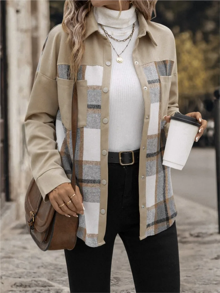 

Women's Clothing Casual Office Outerwears Retro Lapel Pocket Plaid Shirt Jacket All-match Loose Simple Style Temperament Trendy