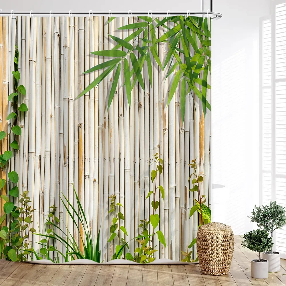 Zen Shower Curtain, Green Bamboo River Russian Lotus Butterfly River Scenery Candle Leaf Print Home Bathroom Decoration