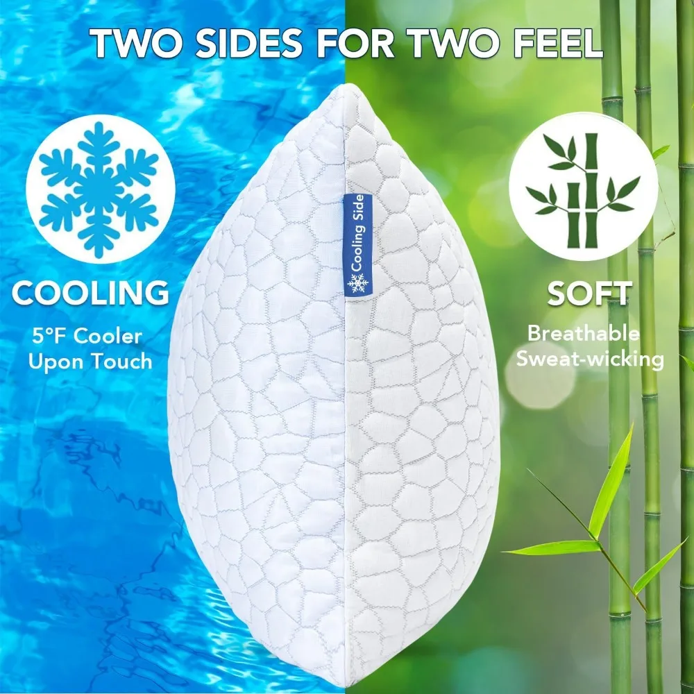 Cooling Memory Foam Pillow 2 Pack, Adjustable Firmness for Side Back Stomach Sleepers, Queen Size Set with Breathable Cover