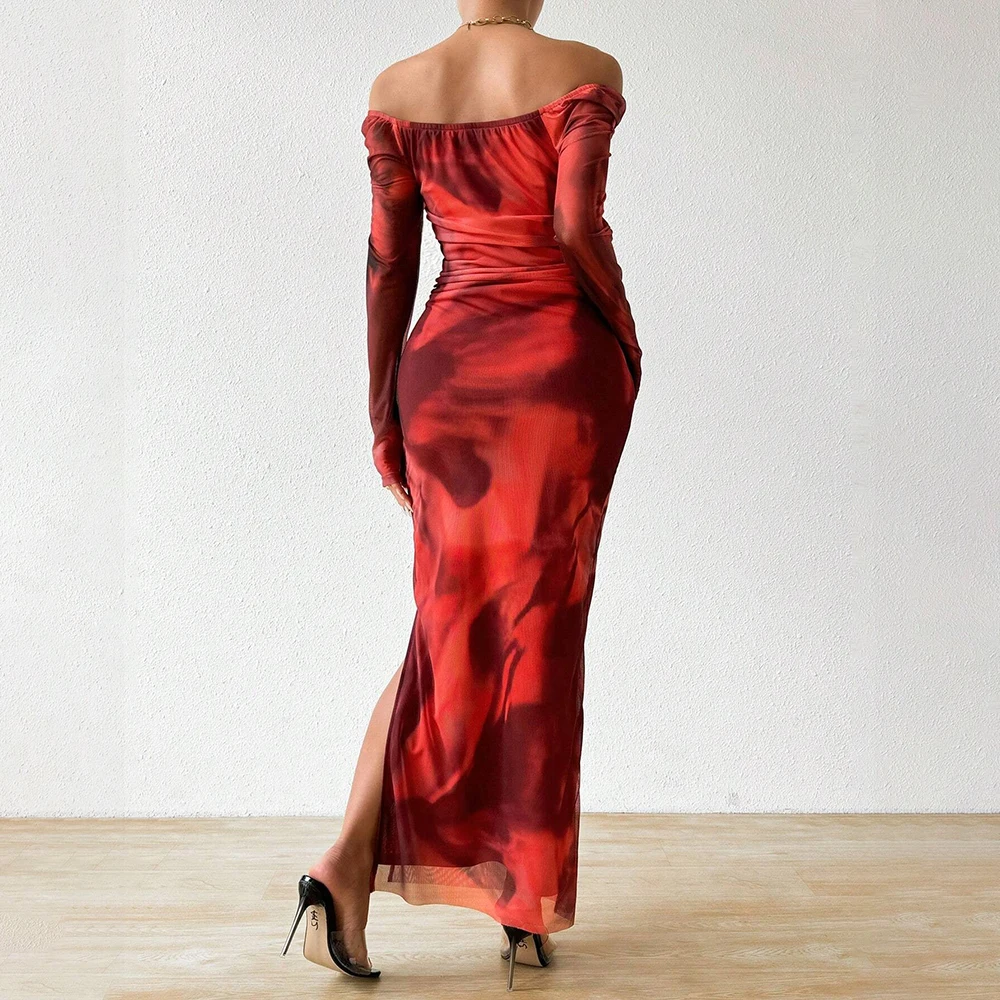 가을 겨울 여성 드레스 패션 슬림핏 그라데이션 롱 슬리브 스쿱넥 맥시 드레스