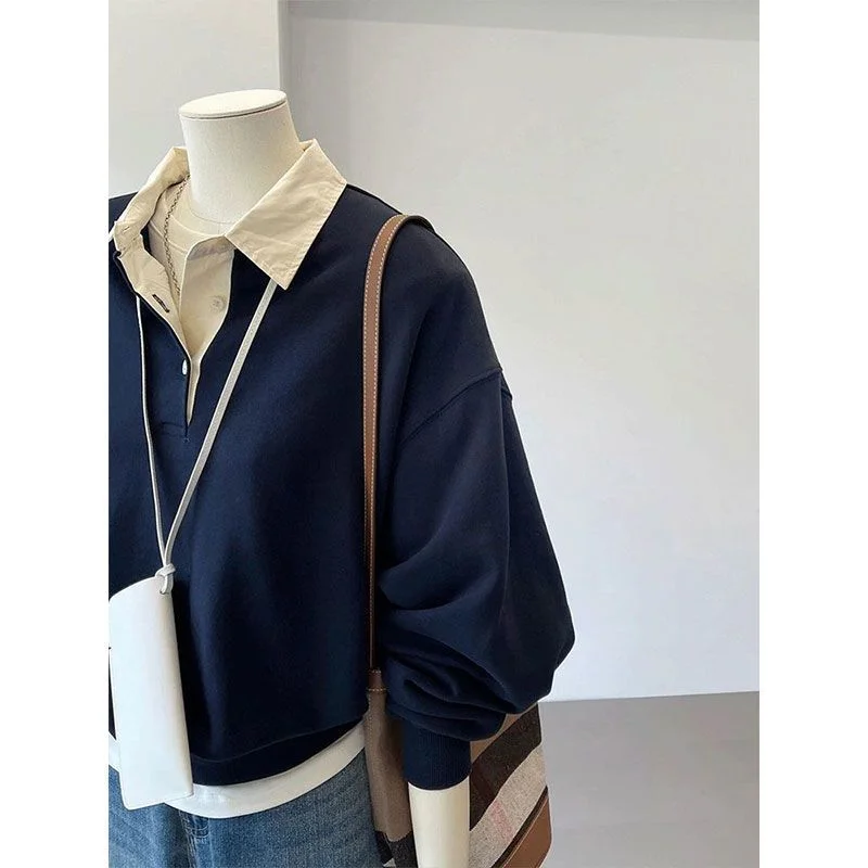 Design Marineblaues gefälschtes zweiteiliges Sweatshirt, dünn, neuer High-End- und modischer Stil im Frühling und Herbst, modisch und stilvoll