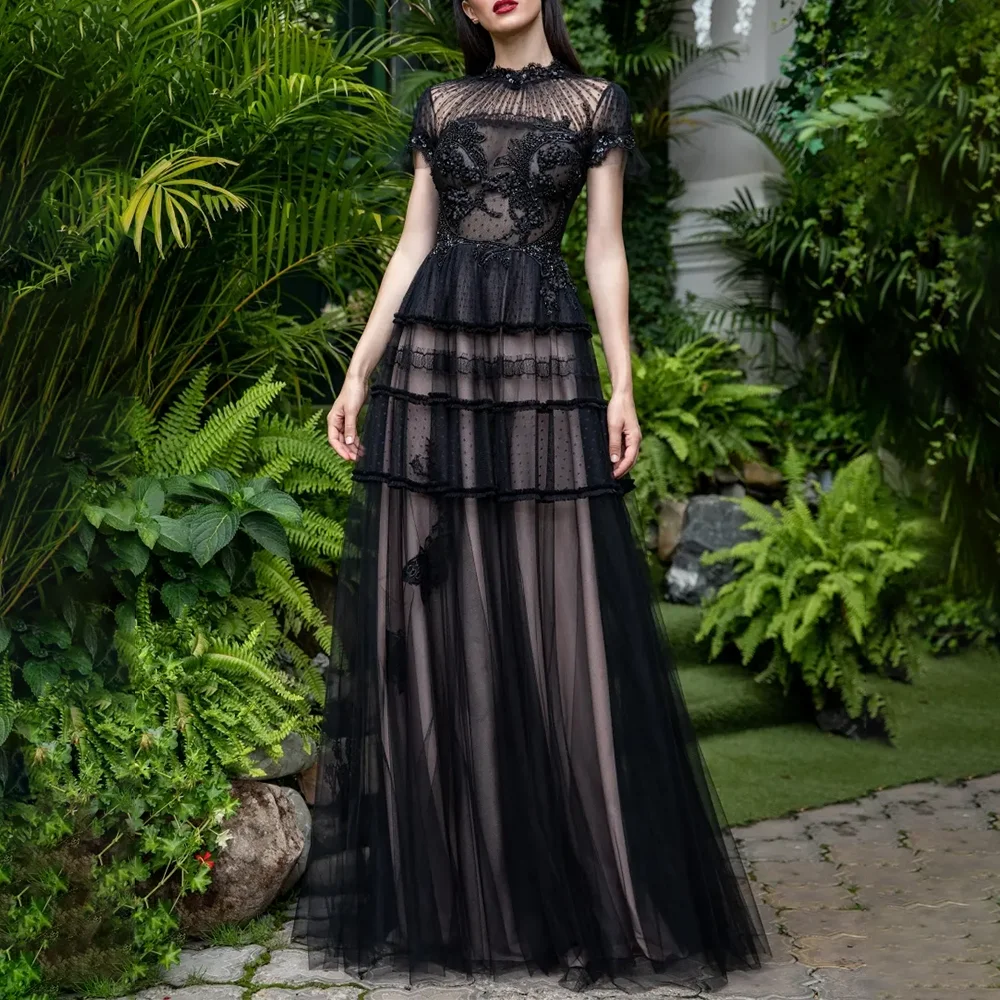 

A-Line Black Lace Elegant Evening Dresses Formal Party Prom Gowns Floor-Length Sexy Evening Prom Dresses Customized