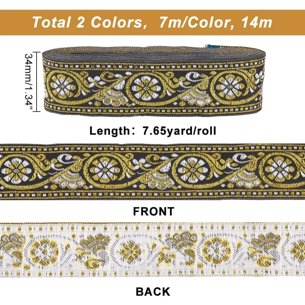 2 Rolls 7.6 Yards 1.3inch Fabric Embroidered Trim, Vintage Jacquard Ribbon Sewing Woven Trim Emobridered Woven Ribbon Fabric