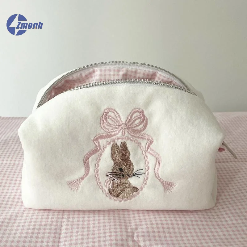 Portable Rabbit Cosmetic Bag Lace Bow Large Capacity Makeup Organizer White Pink Zipper Closure Travel Toiletry Bag Women Girls