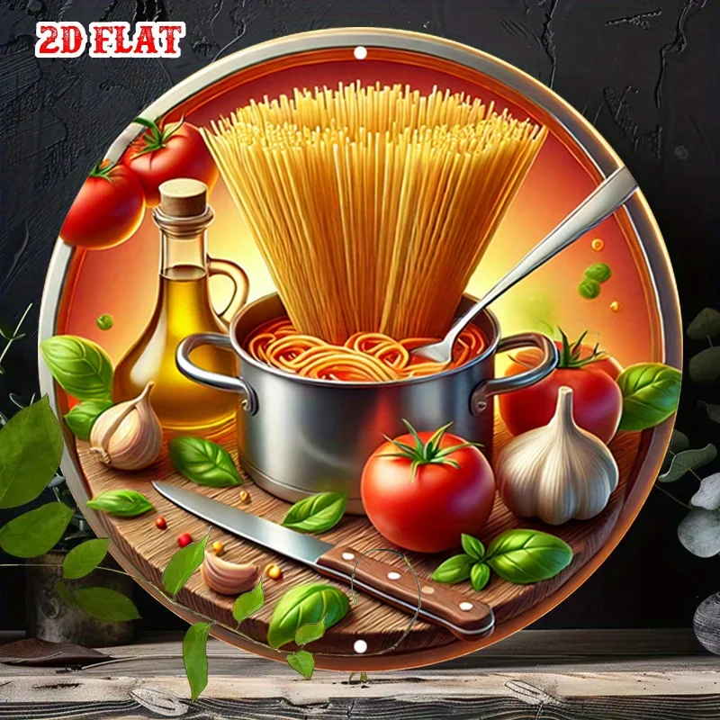 2D Flat, 2D Flat 1pc Sauce 7.87X7.87 Round Aluminum Sign, Fresh Herbs Round Aluminum Sign, Spaghetti Metal Tin Sign - Italian Cu
