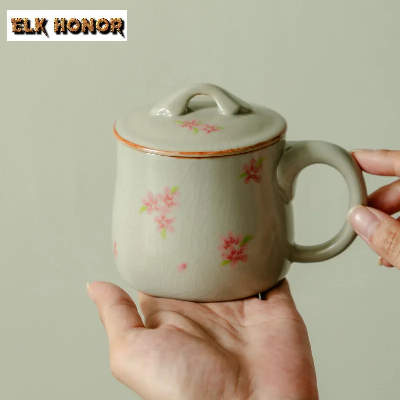 

300ml Hand-painted Peach Blossom Coffee Mug Latte Cereal Mug Afternoon Tea Mug Water Ice Cold Juice Jug Office Water Cup Teaset