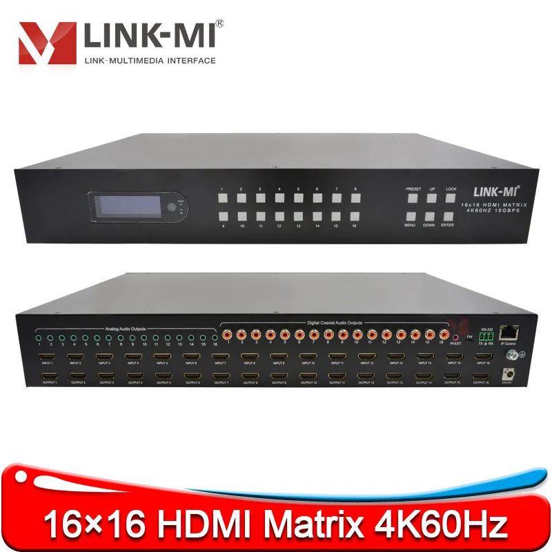 

Матричный коммутатор HDMI 16x16 LINK-MI 4K@60Hz с 16 входами и 16 выходами, аудиоматрицей и интеллектуальным EDID RS232